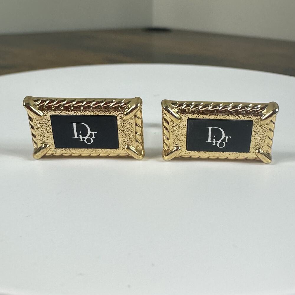 Christian Dior Cufflinks Mens Gold Tone Black Enamel Logo Rectangular Locking